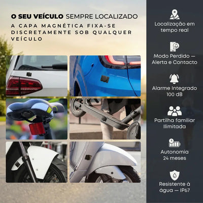 Localizador GPS para veículos — capa magnética Maxtag Pro 2.0 fixada discretamente sob carro, mota e bicicleta