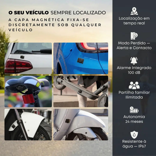 Localizador GPS para veículos — capa magnética Maxtag Pro 2.0 fixada discretamente sob carro, mota e bicicleta